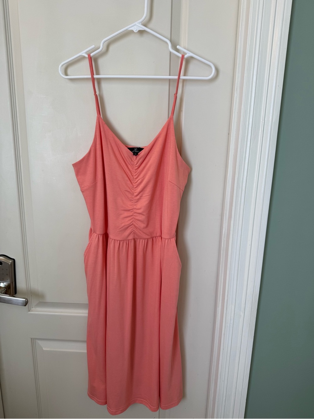 Ruched Spaghetti-Strap Midi Dress in Coral